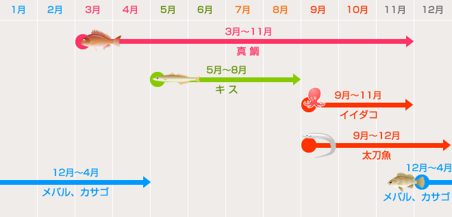 3月～11月：真鯛・5月～8月：キス・9月～11月：イイダコ・9月～12月：太刀魚・12月～4月：メバル、カサゴ